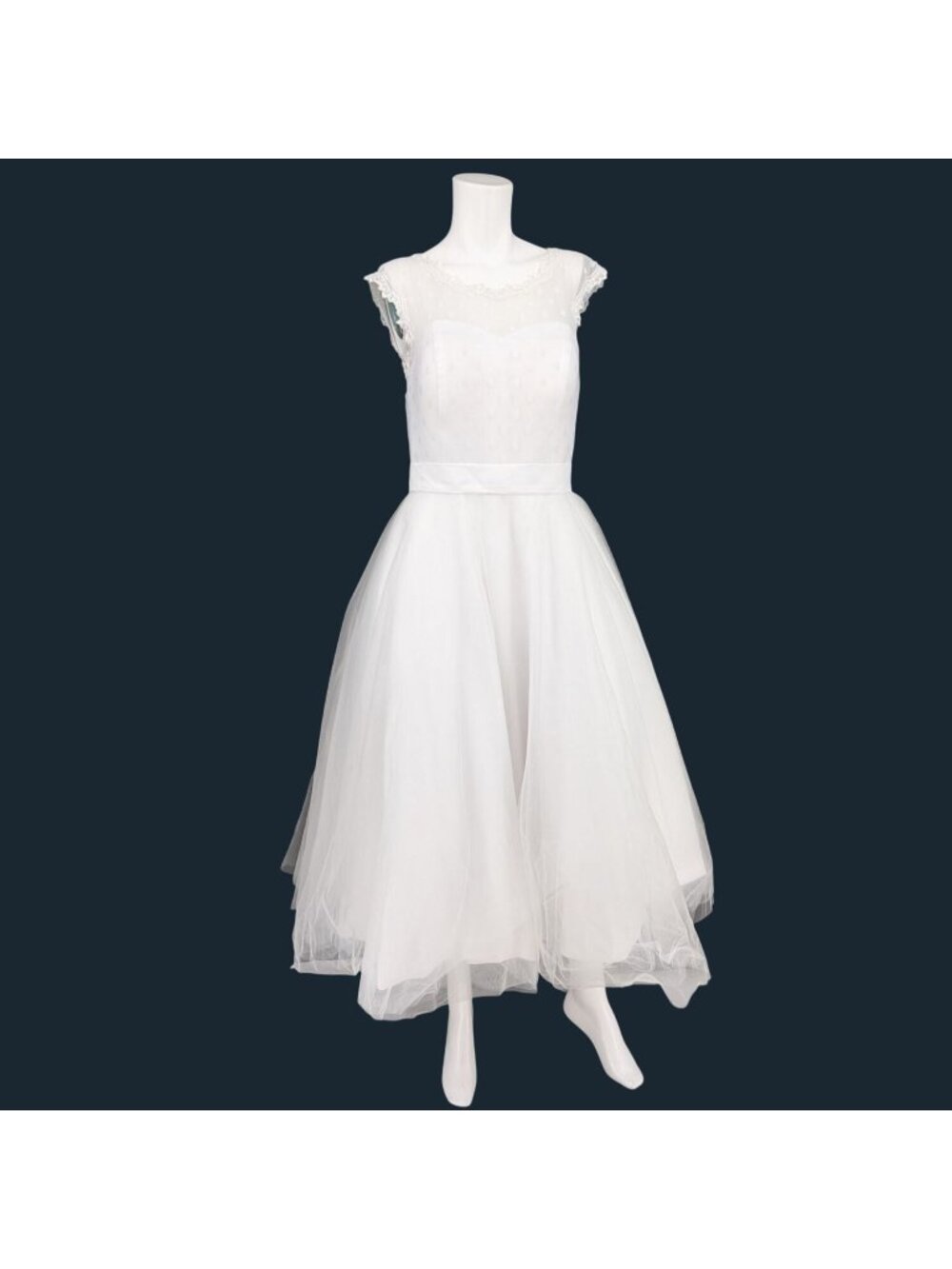 Retro Lace Sheer Mesh Polka Dot Dress Tea Length 50s Wedding Pinup‎ Whimsical 10